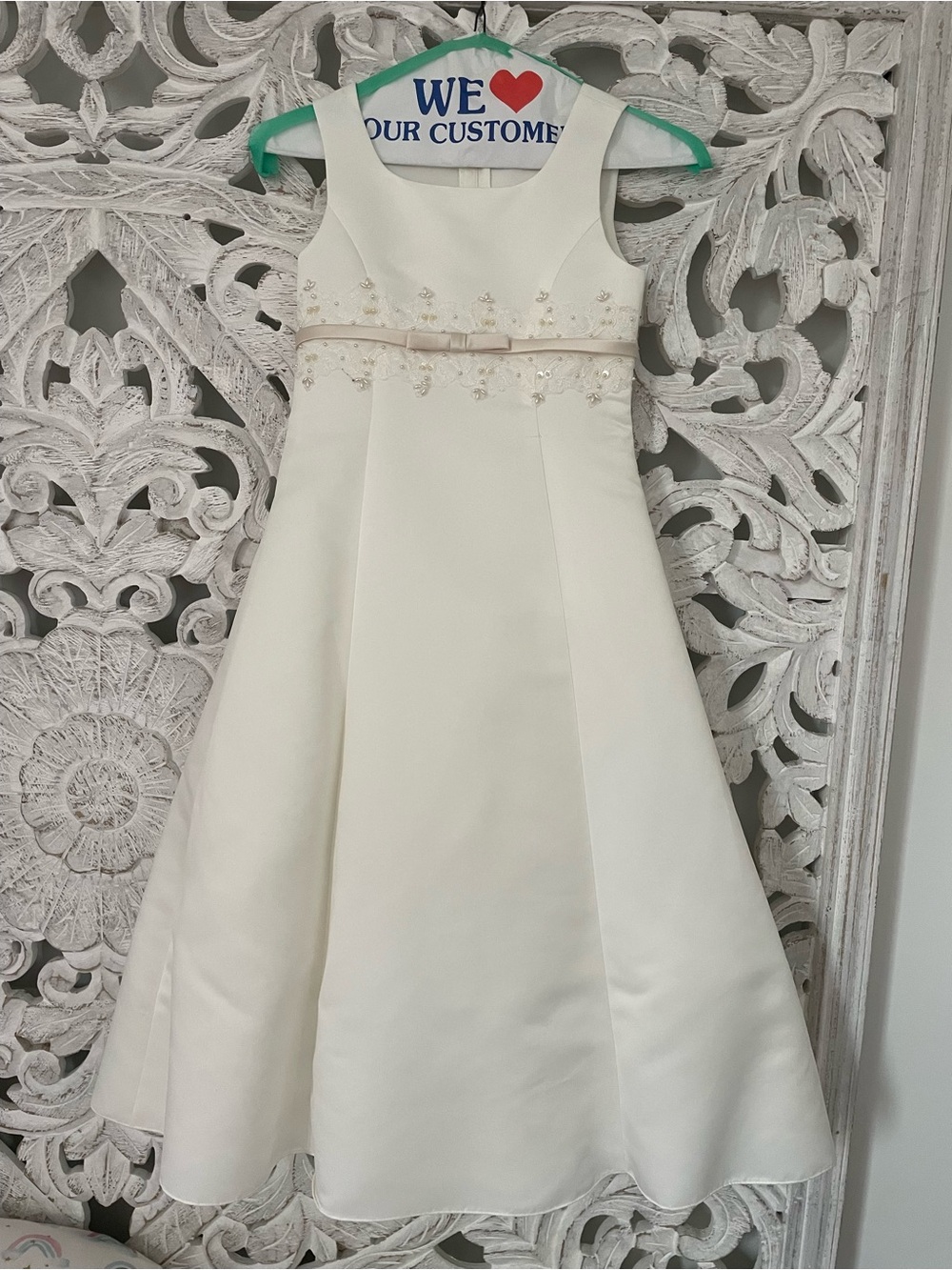 David's Bridal Ivory Satin Flower-Applique Girls' Formal Dress